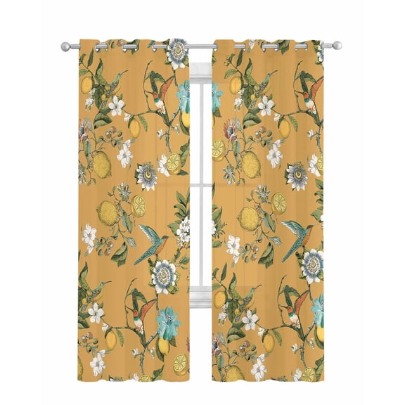 Yellow Botanical Sheer Curtains 84 Inch Length 2 Panels Set for Living Room/Bedroom, Spring Floral Summer Lemon Birds Kitchen Curtains Grommet Semi-Sheer Curtains Drapes Window Treatments 52"x84"x2