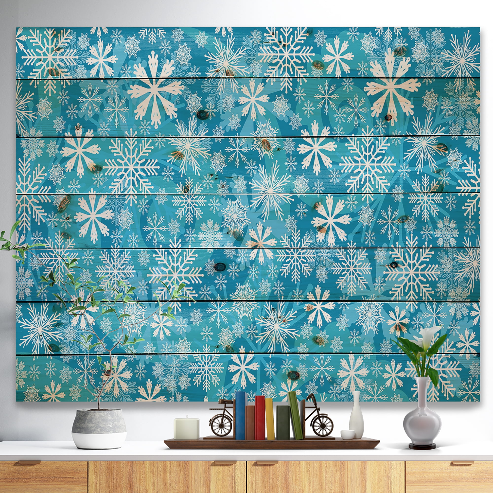 Designart 'Light Blue Snow Crystal Pattern' Print on Natural Pine Wood