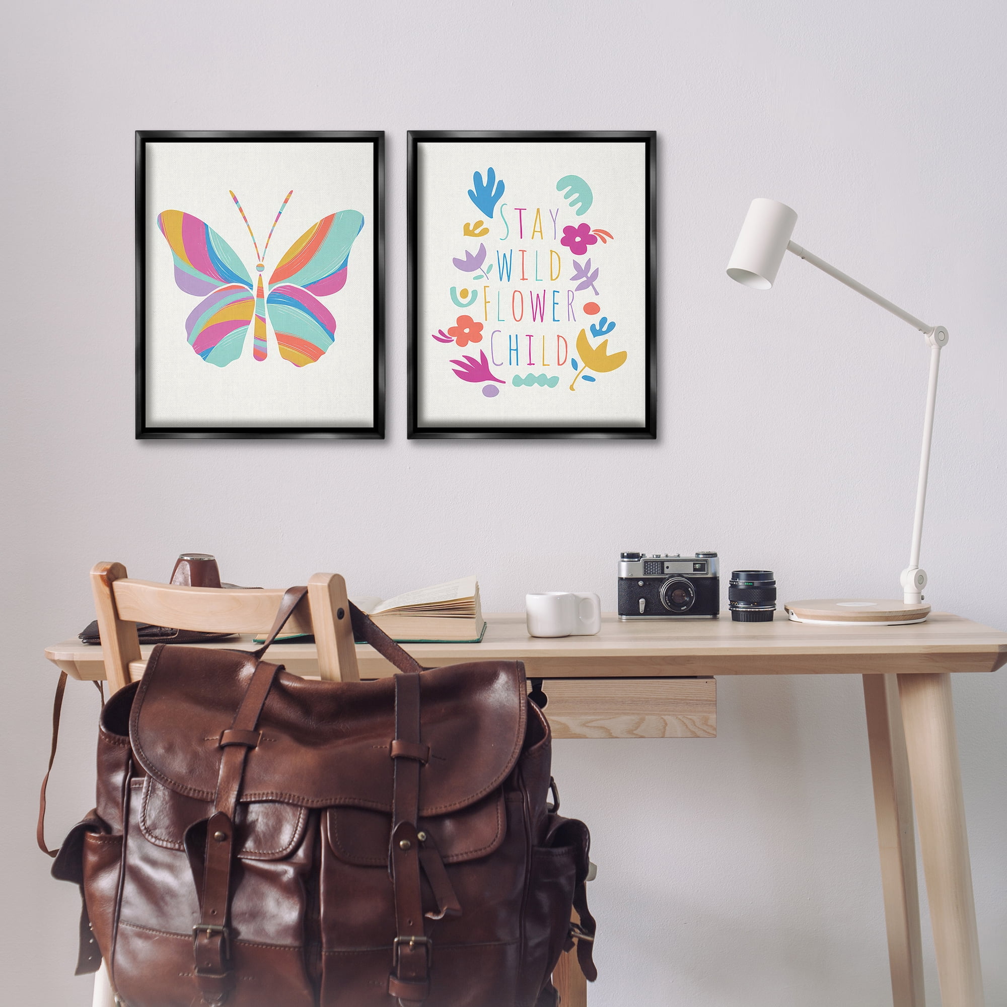 Stupell Industries Stay Wild Butterfly Text & Numbers Painting Black Floater Framed Canvas Art Print Wall Art, 17 x 21, Set of 2