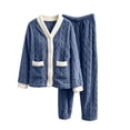 thumbnail image 2 of PNTUTB Women's Fleece Soft Warm Pajama Set Contrast V-neck Button Long Sleeve Pockets Top and Pant Fall Winter Loungewear Set, 2 of 7