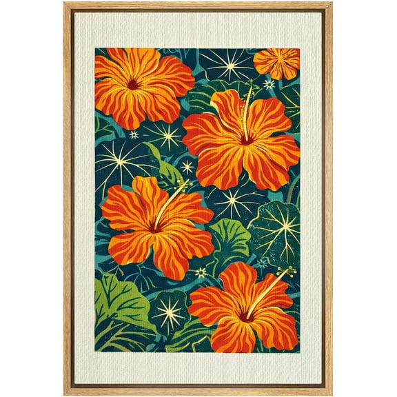 Framed Canvas Print Wall Art Vibrant Hibiscus Flowers Against Bold Green Floral Botanical Art for Living Room, Bedroom, Office - 16"x24" NATURAL