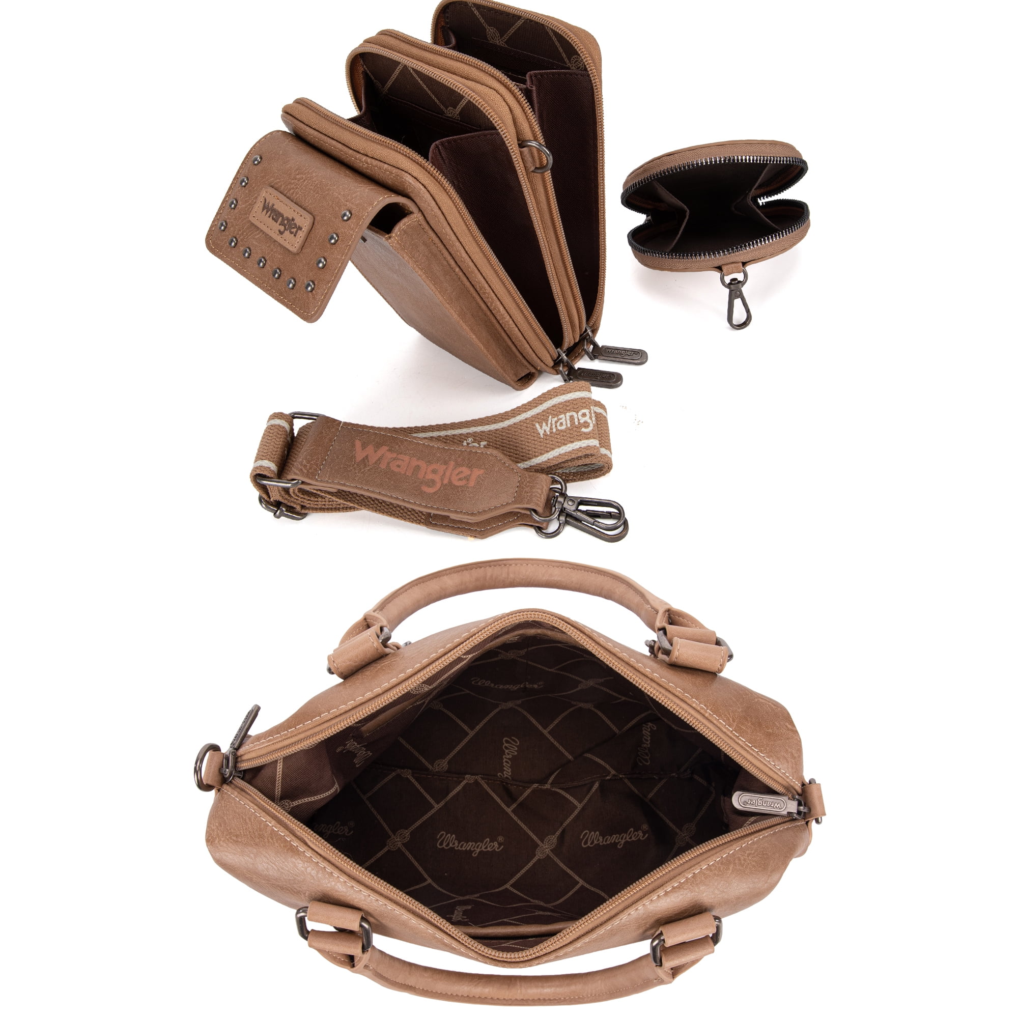 Wrangler 3Pcs Doctor Bag Sets for Women Top-Handle Satchel Bag with Cell Phone Handbags & Coin Purse, Khaki