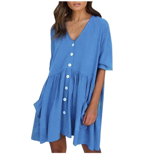 Birdeem Robe Courte Décontractée Mode pour Femmes Col en V Manches Courtes Boutons Poches