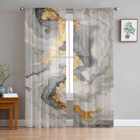 Grey Ombre Marble Semi Sheer Window Curtains 63 Inches Long, Golden Gray Marble Crack Abstract Art Rod Pocket Voile Silky Chiffon Curtain Treatment Drapes for Kitchen, Living Room, 52"x63", 2 Panels