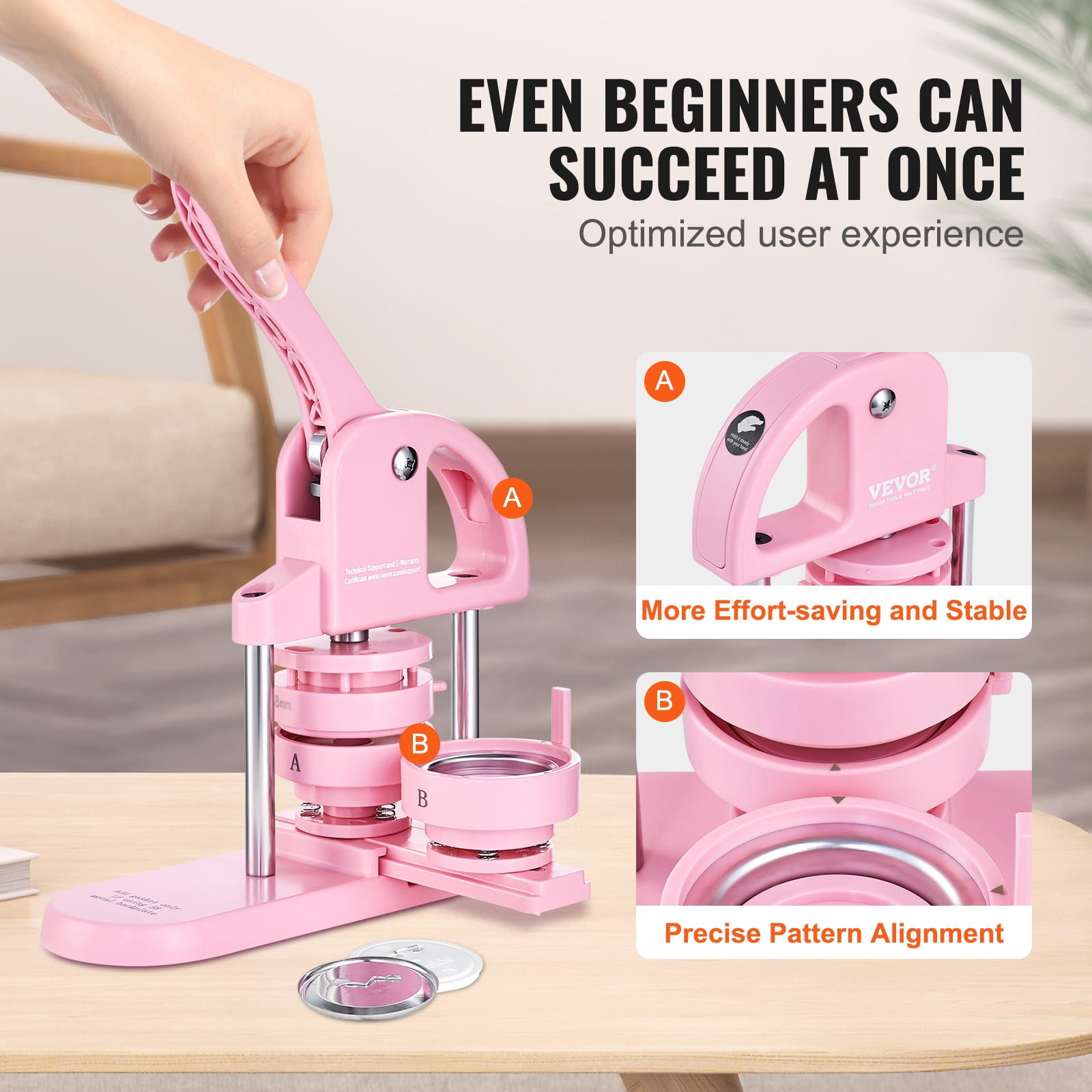 VEVOR 3-IN-1 Button Maker, 1/1.25/2.28 inch(25/32/58mm) Pin Maker, 300pcs Button Parts,Button Maker Machine with Panda Magic Book, Ergonomic Arc Handle Punch Press Kit, For Children DIY Gifts,Pink