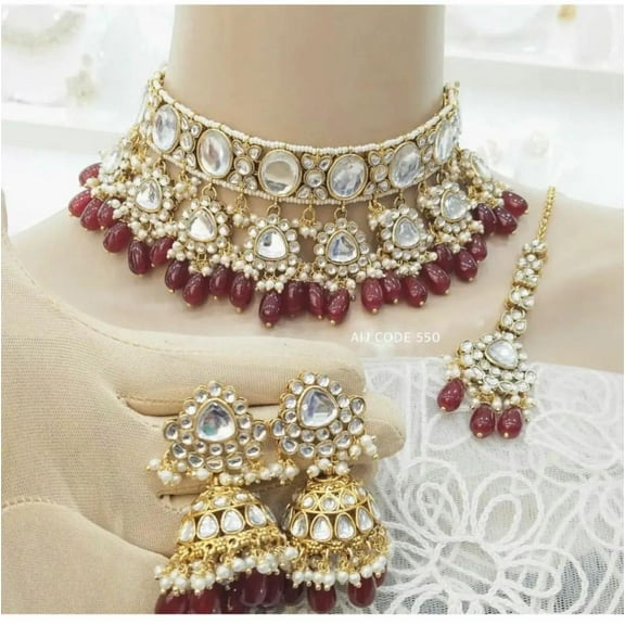 Haya Jewel South Indian Bollywood Royal Look Gold-Plated Kundan Choker Necklace Set – White Kemp Stones, Maroon Beads, Pearl Guttapusalu with Jhumki Earrings & Maangtikka