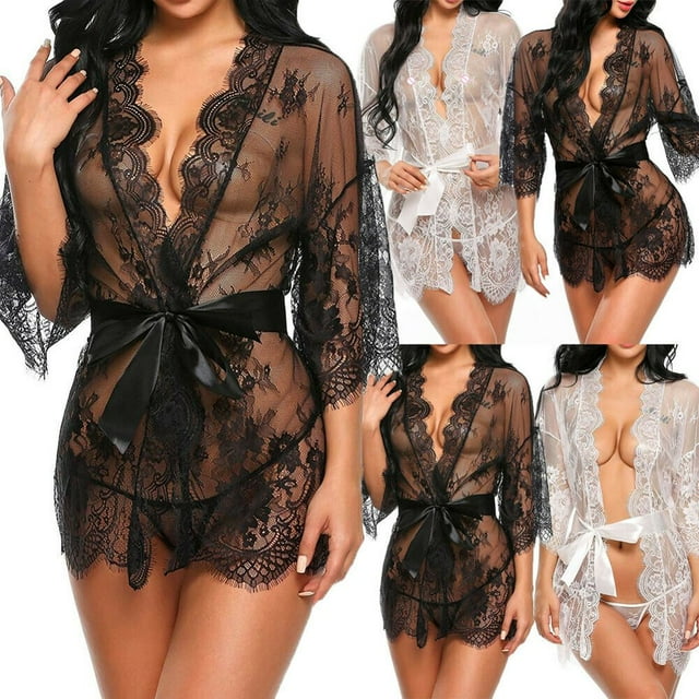 Lingerie Kimono en Soie Dentelle pour Femmes Robe Babydoll Vêtements de Nuit