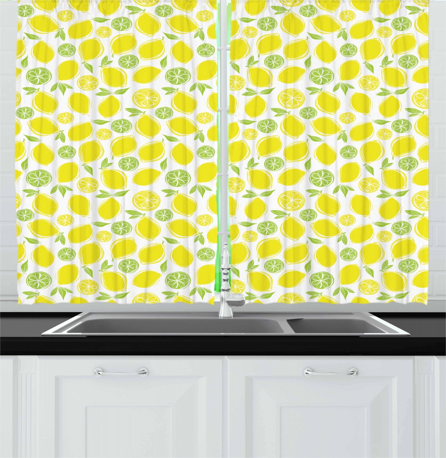 Lemons Curtains 2 Panels Set, Simplistic Citrus Fruits Hubbly Drawing