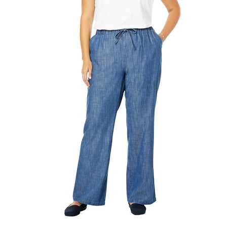 within woman elastic chambray waist petite pull pants cotton plus