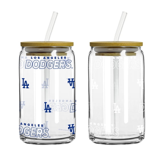 Logo Brands Los Angeles Dodgers 16oz. Step And Repeat Glass Can with Lid & Straw 2-Pack
