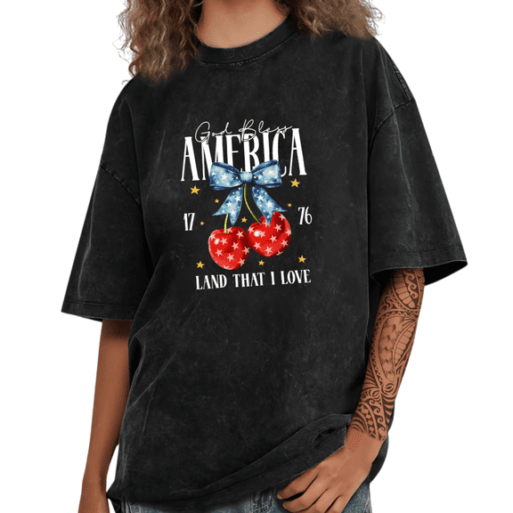 UNISHE Women's God Bless America 1776 Patriotic Cherry Bow Graphic Washed Tops Cotton Short Sleeve T-Shirt