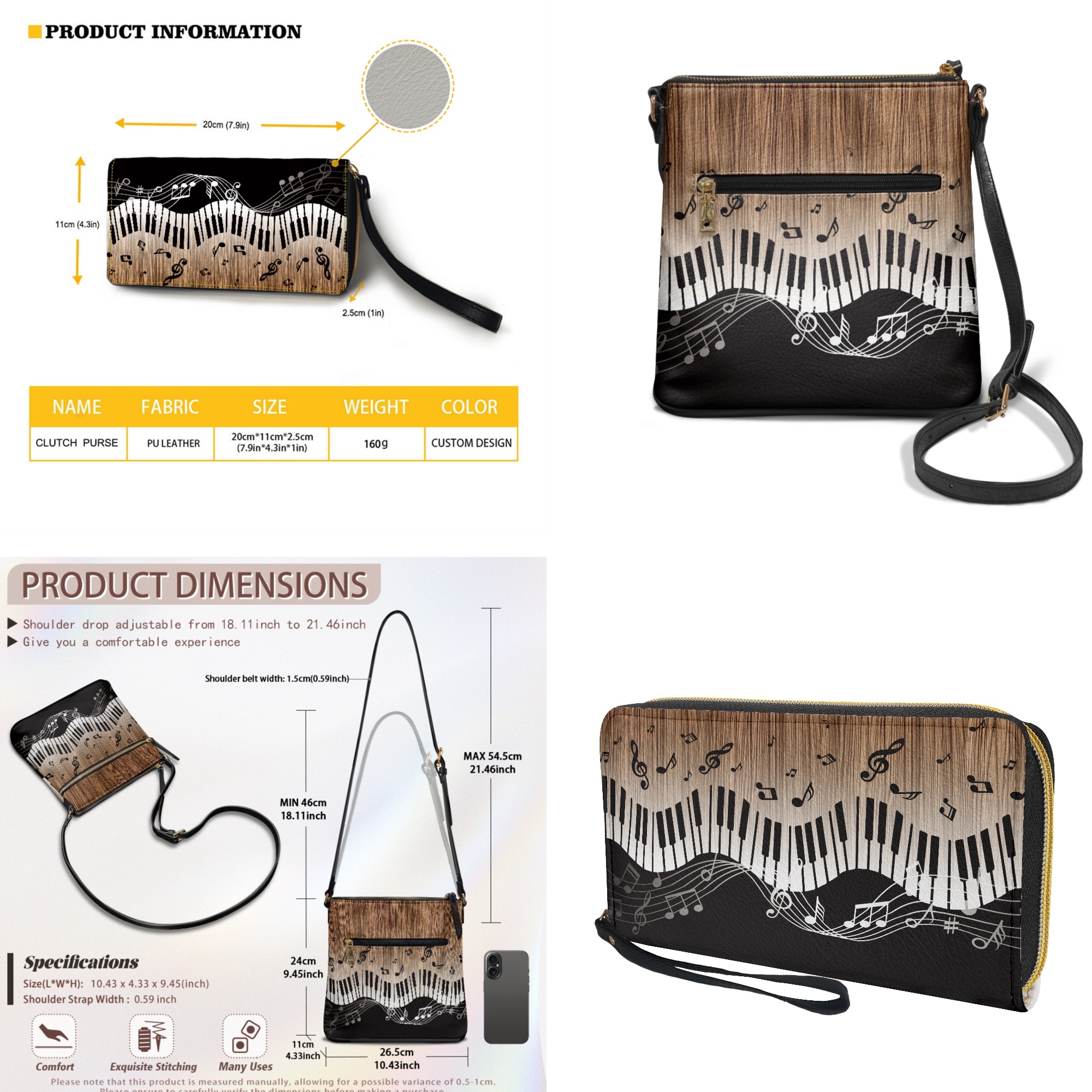 ZUXONGSY Woodgrain Piano Note Print PU Leather Crossbody Bag Purse
