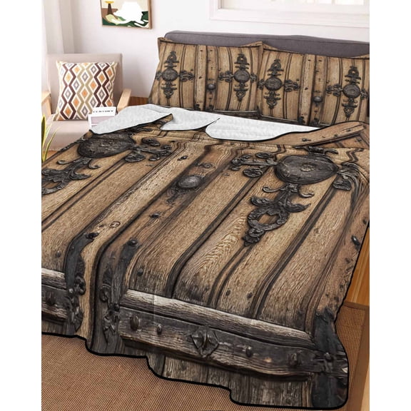 Farmhouse Brown King Size Down Alternative Comforter,Lightweight Comforter Quilt Bedding Set with Pillow Shams Rustic Wooden Historical Barn Door Plank All Seasons Bed Comforter Duvet Insert 96"x106"