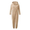 thumbnail image 4 of Nwiuh Fleece Girls Jumpsuit with Cute Ears Onesie Zip Up Hooded | Romper Warm Sherpa Lined Soft Romper Outfits (Khaki, 5-6 Years), 4 of 7