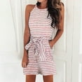 thumbnail image 2 of Kmdttou 2025 New Fashion Fashion Women's Summer Casual Striped Print Sleeveless Round Neck Lacing Straight Shorts Jumpsuit with Pockets Clothes on Clearance!, 2 of 7