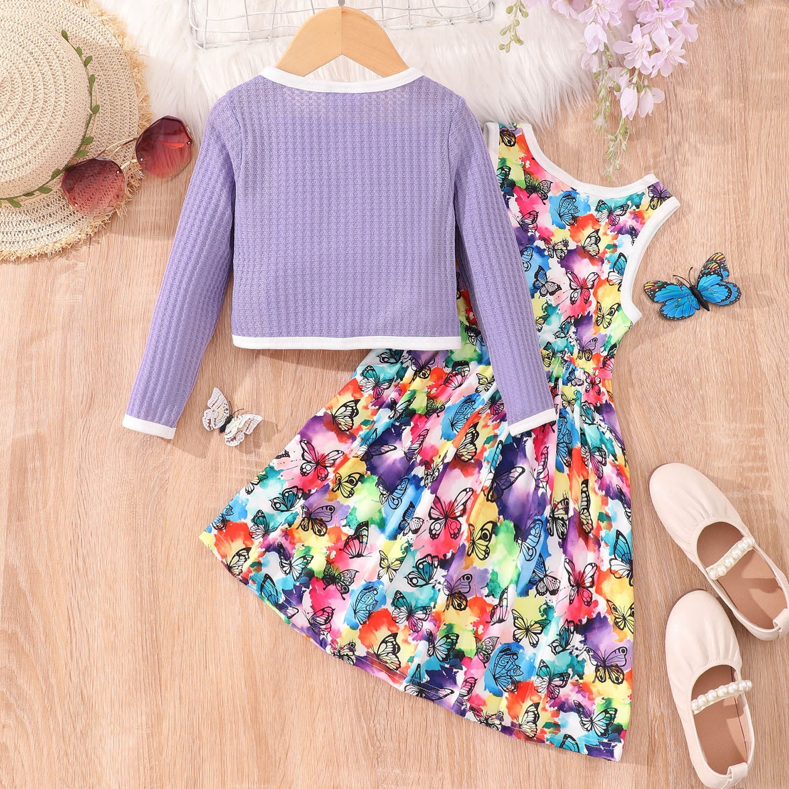 Girl Outfits Long Sleeve Butterfly Floral Print Coat And Dress 2Pcs Outfits Clothes Set Fall Winter Clothes Baby Clothing Purple 6 Years-7 Years