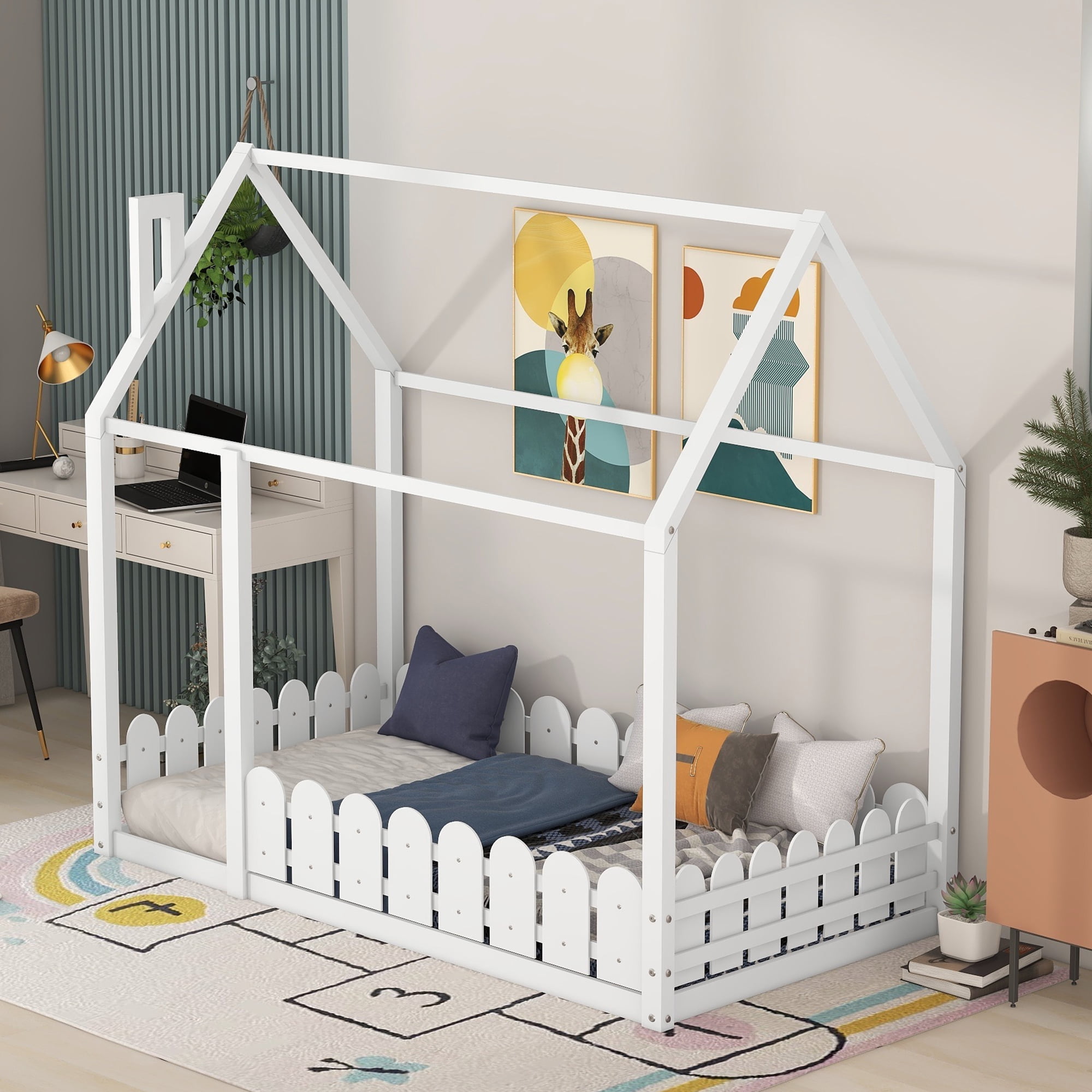 Bellemave Twin Size House Bed, Montessori Floor Bed with Fence , Wooden Twin Bed Frame , White