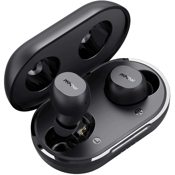 Mpow M12 Wireless Earbuds,  Bluetooth 5.0 Headphones w/Mic USB-C Charging Case, Bass Sound/IPX8 /25 Hrs/Mono/Dual Modes, Black
