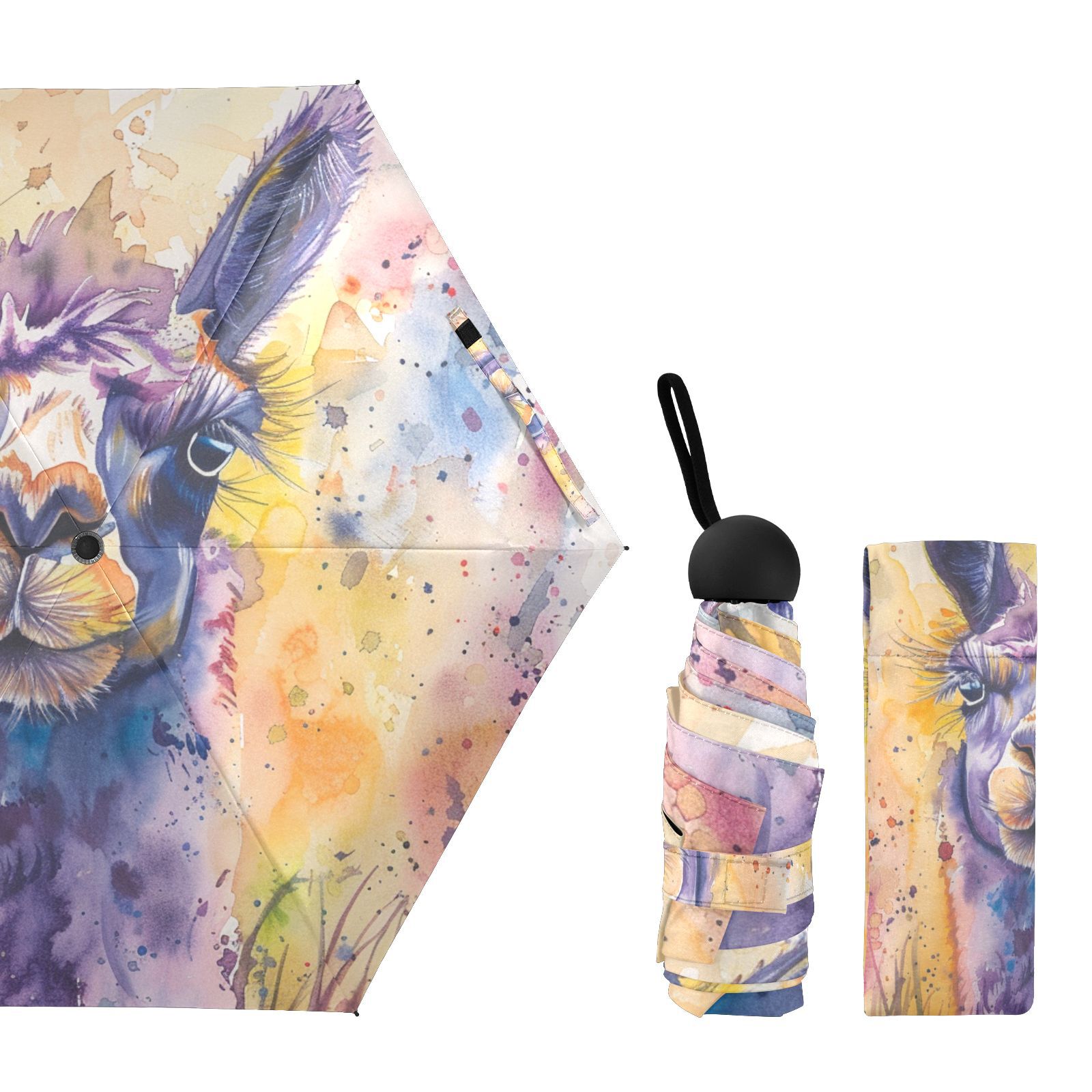 JSTEL Purple Llama Alpaca Folding Umbrella for Rain Sun Travel Mini Lightweight Compact Umbrellas
