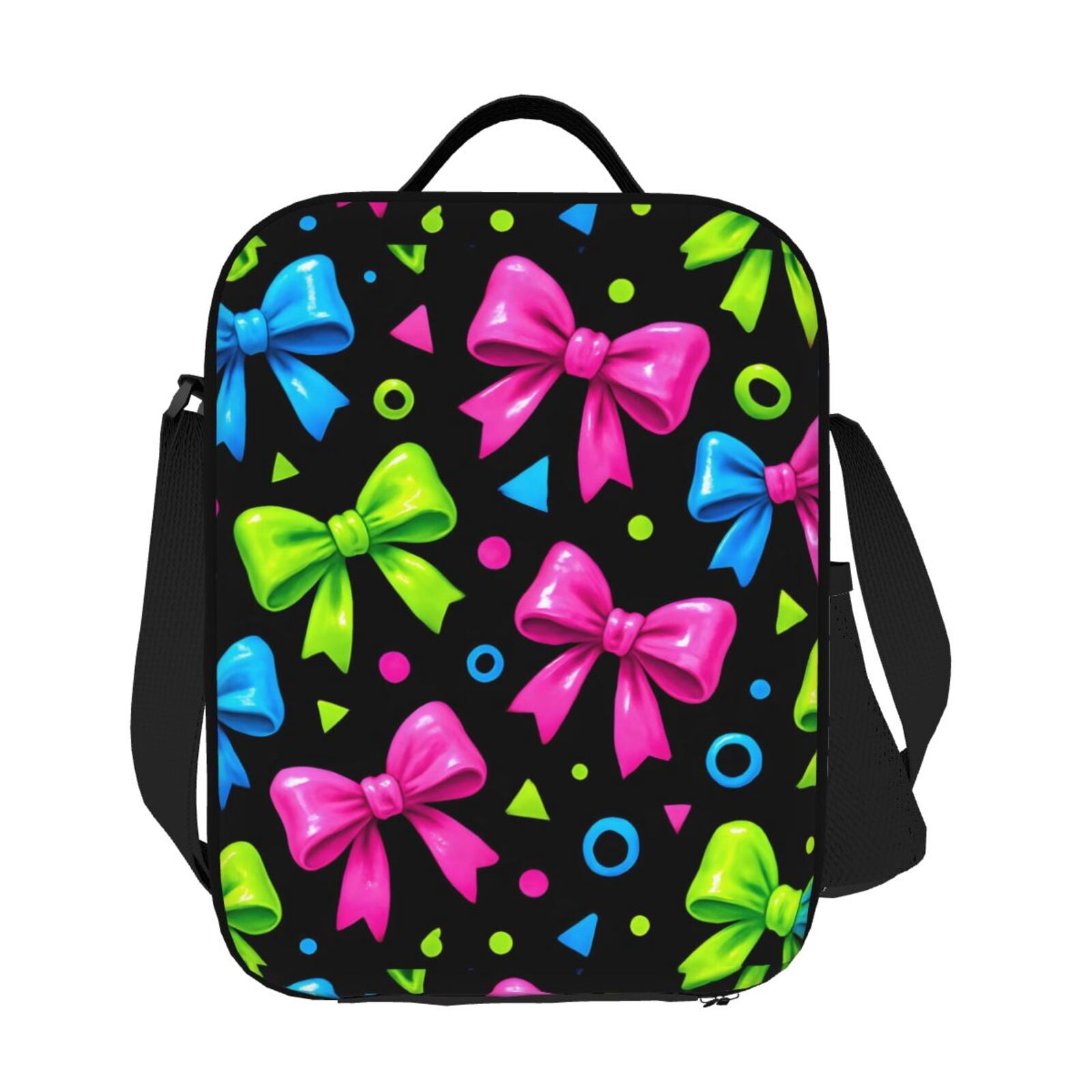 Thermal Insulation One Shoulder Portable Bento Bag Can Be Reused 8×10.5in For Carrying Drinks Bento Box Fruit Snacks Bold Neon Contemporary Ribbon Bow Pattern