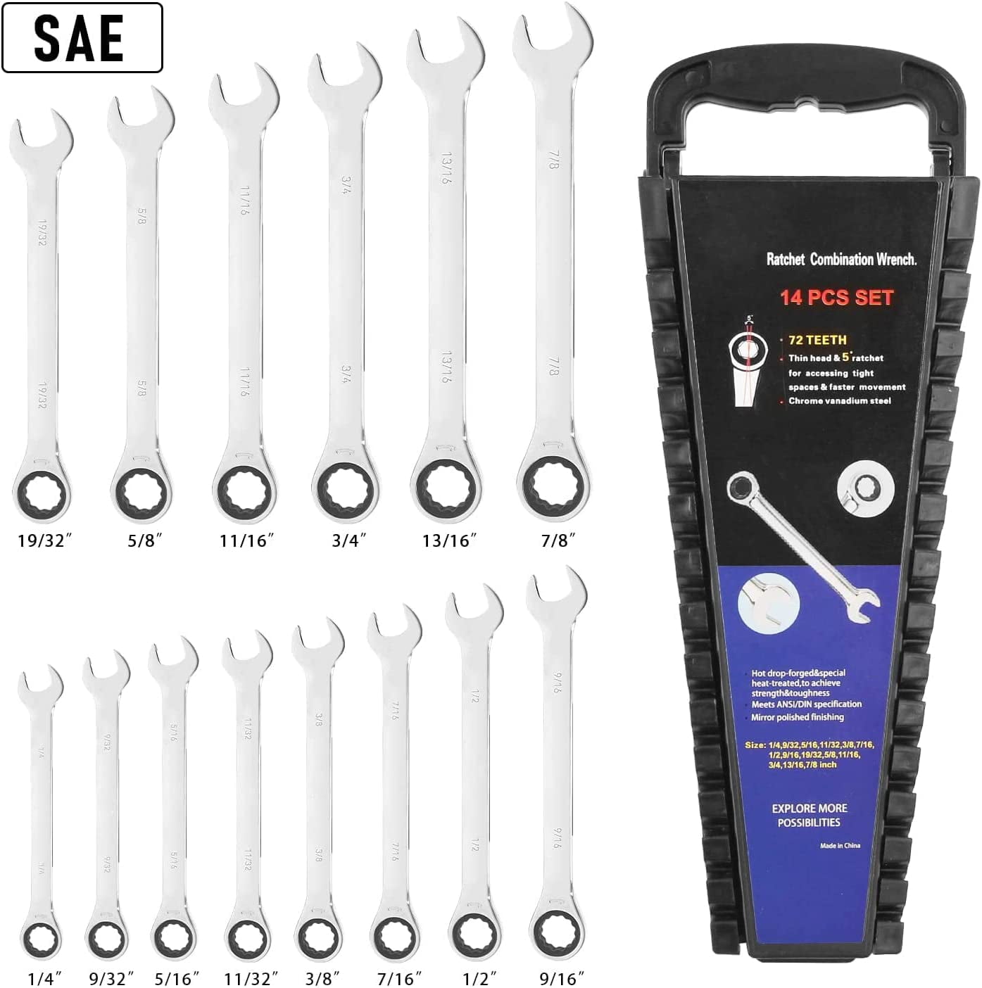 14-Piece Ratcheting Wrench Set, SAE 1/4”-7/8”, Chrome Vanadium Steel Combination Wrench set with Wrench Rack