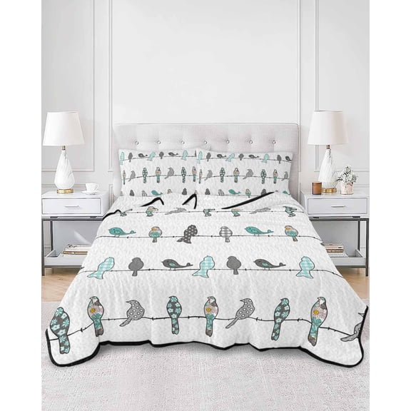 Quilts Full Size, Teal Grey Plaid Polka Dots Birds Soft Comforter Bedding Set for Bed, Turquoise Spring Floral Lightweight Quilted Bedspread with Pillow Cover(2 Pieces) for All Season, 78x90 Inch