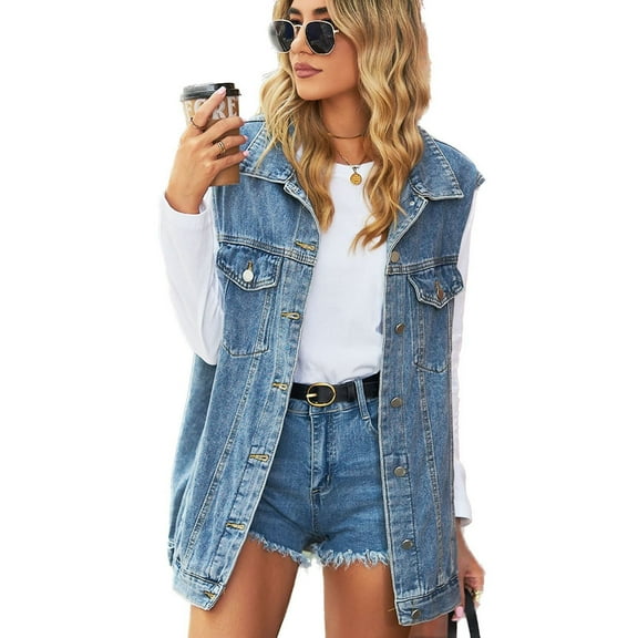 SWSMCLT Women's Soft Denim Vest Long Sleeveless Jean Vest Denim Jacket Vintage Loose Pocket Casual Fall Collared Western Button Blue Small