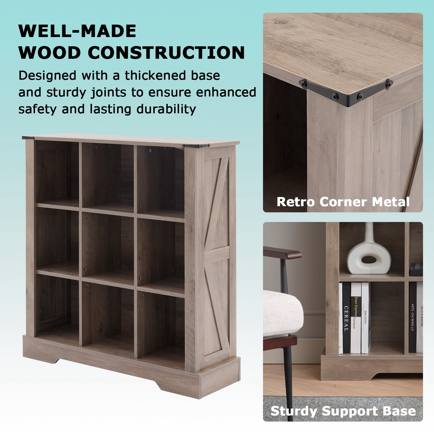 9-Cube LED Bookshelf - Mid-Century Modern Wood Storage Shelf for Bedroom, Living Room & Office, Gray