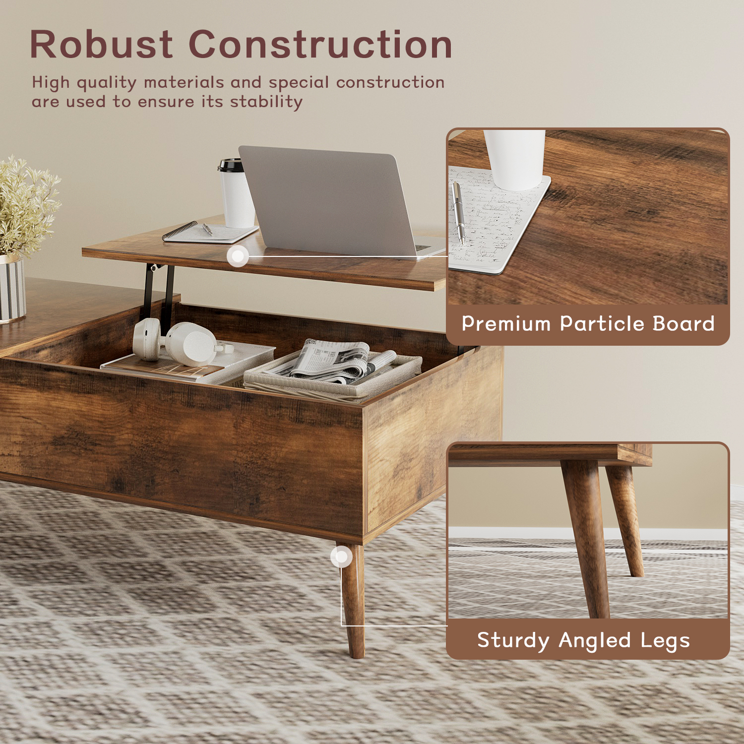 Vineego Classic Lift Top Rectangular Wood Coffee Table, Rustic Oak