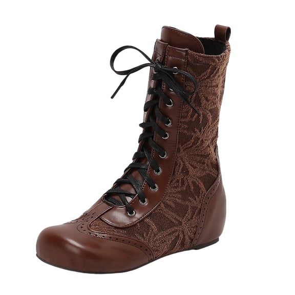 Xfvqtps Womens Flat Mid Calf Boots Lace up Winter Booties Breathable Mesh Faux Leather with Fleece Lining Warm Comfortable Shoes