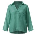 thumbnail image 3 of Womens Shirts Long Sleeve Cotton Linen Gauze Tops Casual V Neck Blouses Loose Fit Green 5XL, 3 of 9