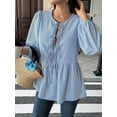 thumbnail image 2 of Womens Lace Up Tie Font Y2k Tops Puff Sleeve V Neck Blouse Loose Fit Summer Cute Clothes Blue L, 2 of 7