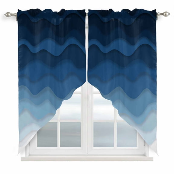 Navy Blue Ombre Kitchen Window Curtains, Swag Curtains Valance for Bedroom Living Room Bathroom, Modern Moire Wave Gradient Rod Pocket Window Treatment Curtain Block Drapes 2 Panels 36"x36"