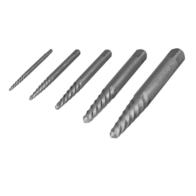 juego extractor tornillos birlos barridos 5 pz bloosom Juego de 5 extractores en acero al cromo, alineados de menor a mayor en vista frontal; cuerpo cilíndrico con punta helicoidal inversa y vástago hexagonal para taladro o llave, acabado gris mate. Para sacar pernos, tornillos Allen y conexiones rotas; también se suele usar para extraer tornillos pasados en reparaciones caseras.