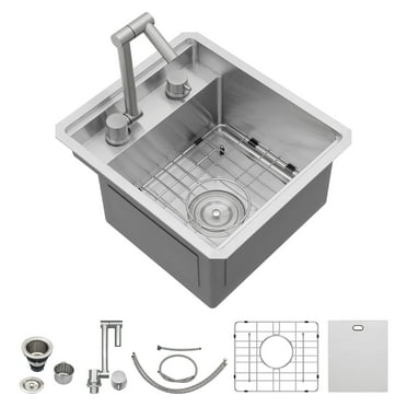 RV Kitchen Sink with Fold Faucet Lofeyo Undermount Rv Sink 16 Gauge Stainless Steel Single Bowl Multifunctional Workstation Kitchen Modern Sink Small Bar Sink Deep Sink (Brush Nickle, 15"x17"x9")