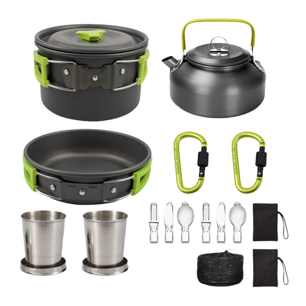 Kit de utensilios de cocina para acampar, olla portátil multiusos, mango plegable, antiadherente Verde