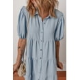 thumbnail image 6 of Casual Summer Shift Dress in Solid Blue - Button Up with Pleated Details and Puff Sleeves | [ZhiHiMeRi] | (US 4-6)S, 6 of 10