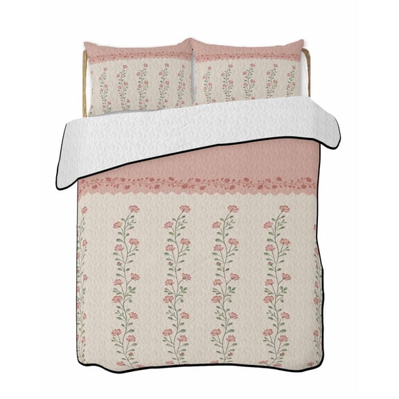 Full Size Quilt Bedding Set, Spring Pink Floral Reversible Summer Quilt 3 Pieces, Vintage Farmhouse Flowers Art Lightweight Bedspreads Coverlets with 2 Pillow Shams for All Seasons