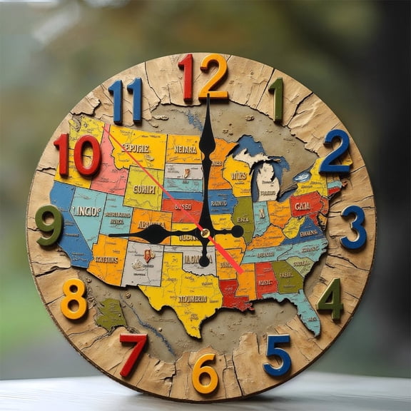 Wooden USA Map Wall Clock Vintage Home Decor 10-Inch Silent Wooden Wall Clock, Battery Operated (AA Batteries Not Included), Artistic Home Decor