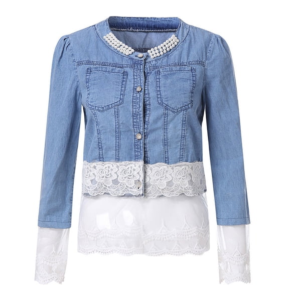 Vedolay Jean Jackets for Women Women's Rhinestone Fringed Jean Jacket Long Sleeve Denim Jacket Coat,Blue S