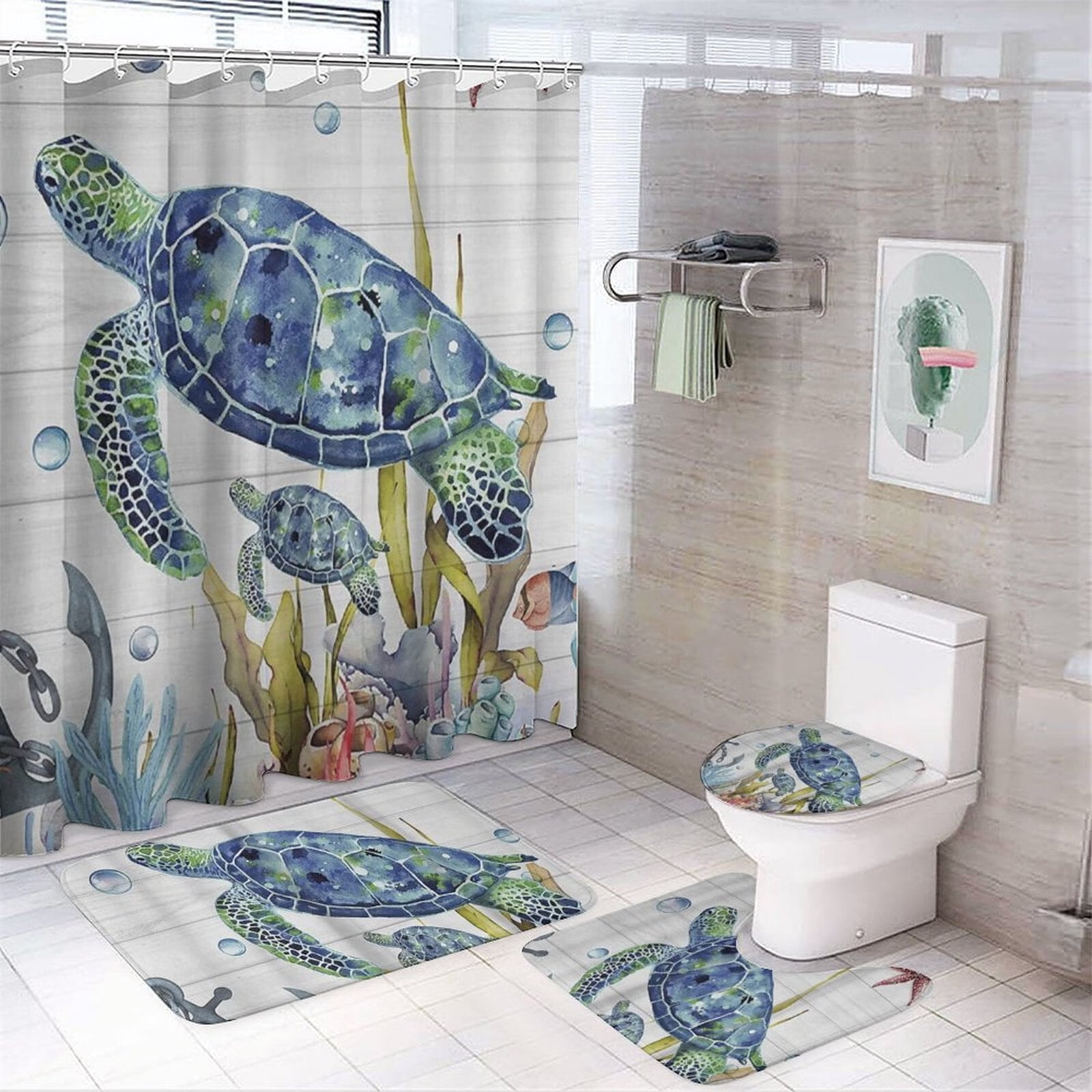 4pcs Turtle Shower Curtain Sets Funny Sea Ocean Creature Animal Bath  Curtains with Non-Slip Rugs, Toilet Lid Cover and Bath Mat - Walmart.com