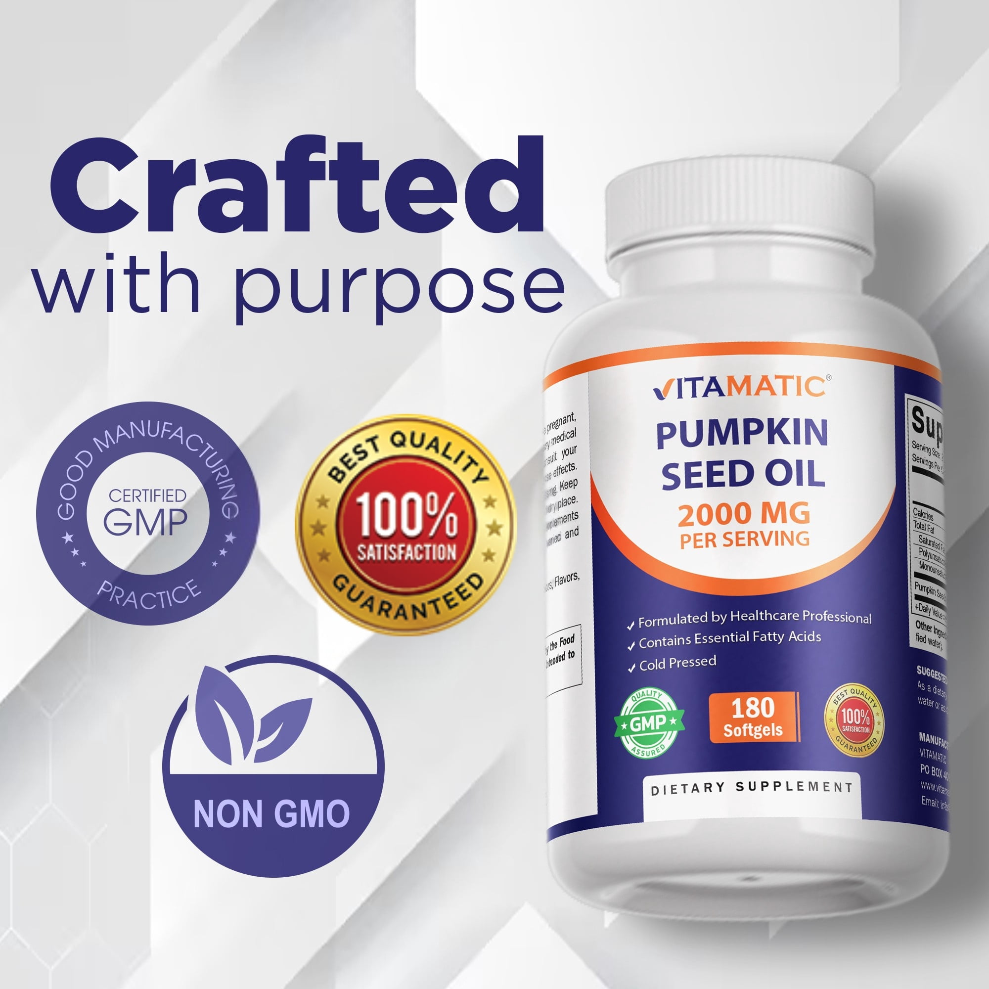 2 Pack - Vitamatic Pumpkin Seed Oil 2000mg Softgel Capsules per serving - 180 Softgels - (1000 mg per Softgels) (Total 360 softgels)