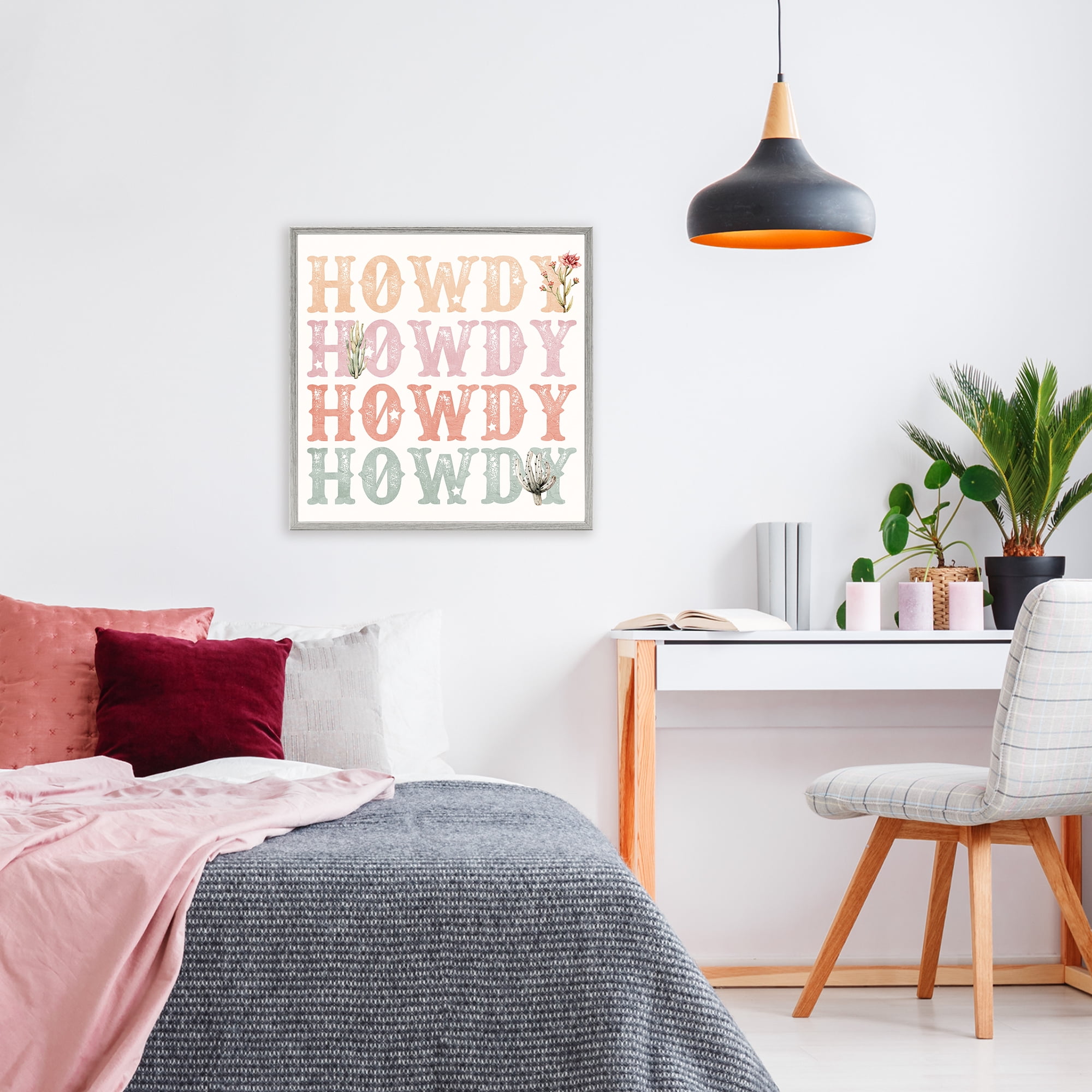 Vintage Howdy Rainbow Text Gray Framed Giclee Art, design by Kim Allen