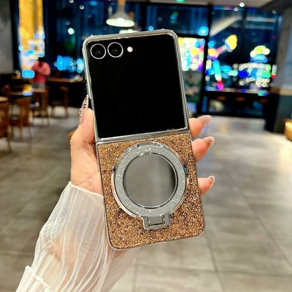 for Samsung Galaxy Z Flip 7 Glitter Kickstand Case, Cute Luxury Bling Sparkly Cover with Make-up Mirror, Ring Stand Shockproof Women Girls Protective Case for Samsung Galaxy Z Flip 7, Rosegold