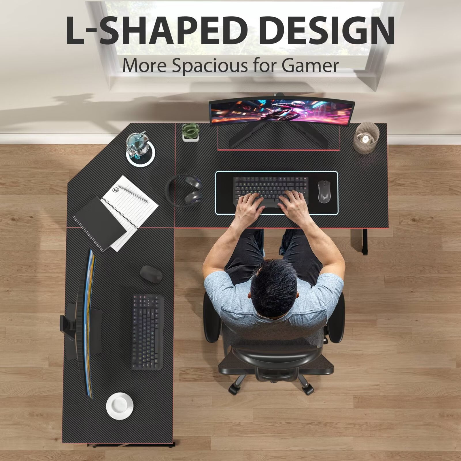 YRLLENSDAN 50 Inch L shaped Corner Gaming Desk, Adjustable Computer Desk with Large Desktop, Home Office Desk with Monitor Stand, for Home and Work Place, Black