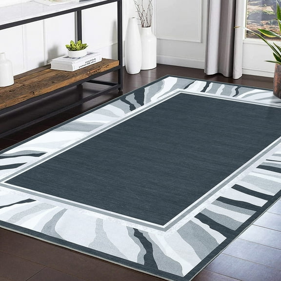 Washable Modern Bordered Area Rug, Geometric Soft Low Pile Floor Carpet, Non-Slip, Stain Resistant, Non-Shedding Indoor Accent Rug