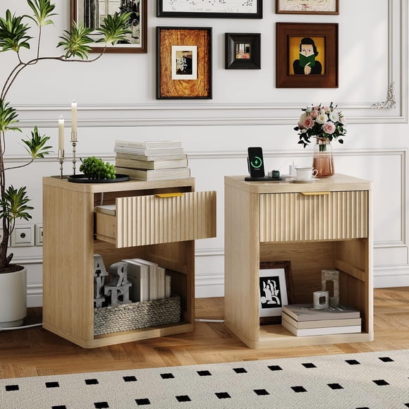 Fluted Nightstand Set of 2, Bedside Table Built-in Charging Station, Featuring 1 Drawer & Open Storage Space, Metal Handles & Curved Edge Design, Mid Century Modern Night Stand, Bedroom, Living Room