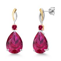 Gem Stone King 925 Silver and 10K Yellow Gold Red Created Ruby Earrings for Women | 26.68 Cttw | Gemstone July Birthstone | Pear Shape 18X13MM