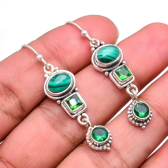 Malachite - Congo & Emerald 925 Sterling Silver Bali Earring 1.76" E_9278_187_36, Beautiful Jewelry For Woman, New Year Sale, Valentin's Day Gift