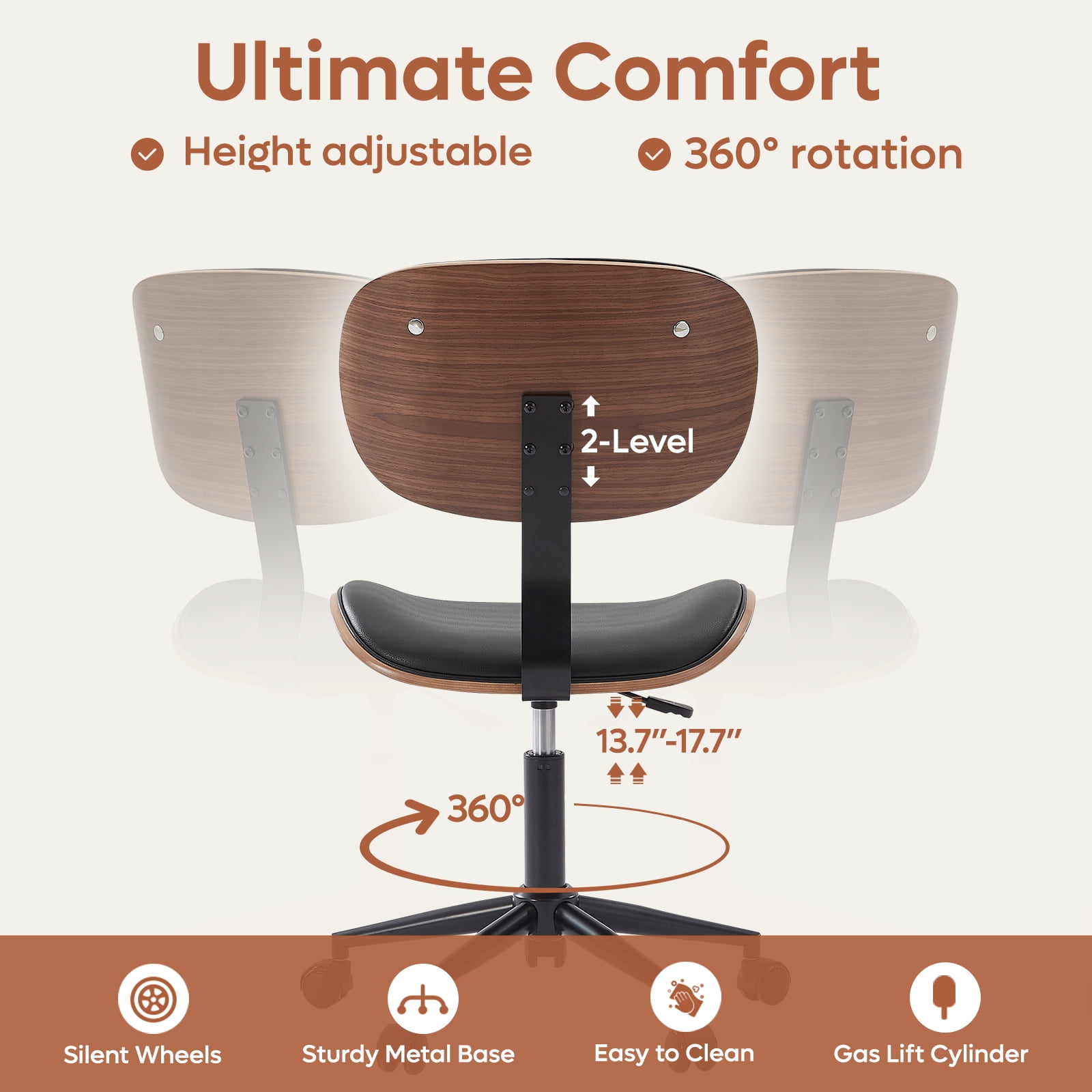 Bestier Bentwood Ergonomic Armless Office Desk Chair with Wheels, Comfy Computer Chair with Lumbar Support, PU Leather Mid Back Adjustable Height 360° Rolling Swivel Task Chair No Arm for Home, Black